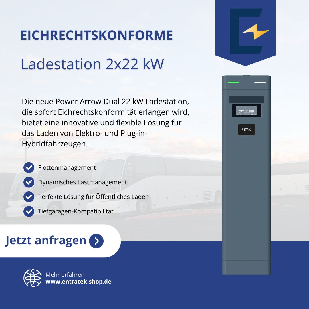Entratek Eichrechtskonforme Doppelladestation Power Arrow Dual 2 x 22 kW mit Steckdose