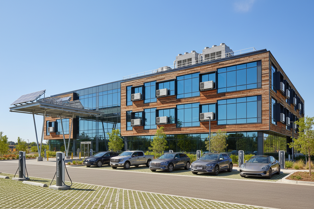 Gewerbebauten mit Wärmepumpen oder E-Ladeinfrastruktur
